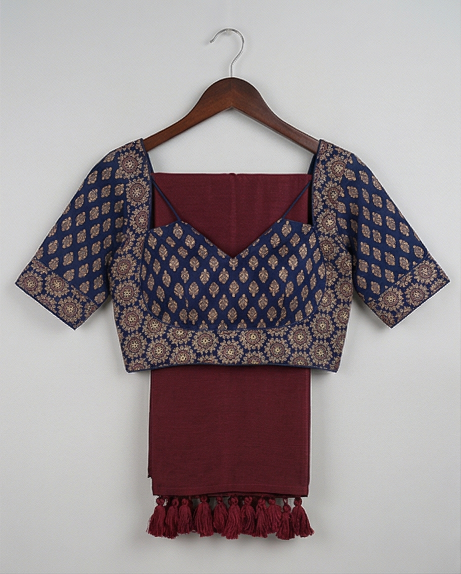 Deep Maroon Plain Saree with Navy Blue Ready Blouse - SR-KEP8