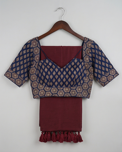 Deep Maroon Plain Saree with Navy Blue Ready Blouse - SR-KEP8