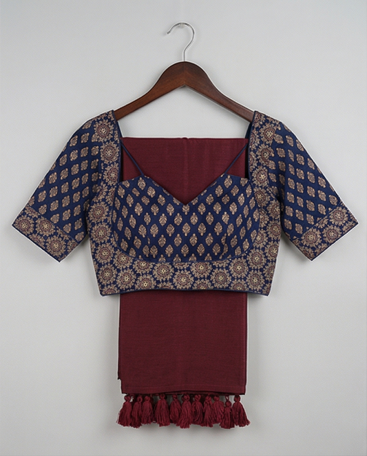 Deep Maroon Plain Saree with Navy Blue Ready Blouse - SR-KEP8
