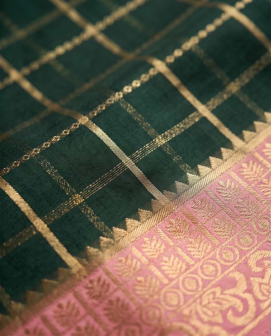 Classic Checkered Silk Saree with Grand Zari Border-Dark green with pink (SR-PSMP30)