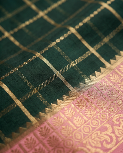 Classic Checkered Silk Saree with Grand Zari Border-Dark green with pink (SR-PSMP30)