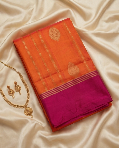 Orange Kanchipuram Silk Saree with Golden Zari Motifs & Contrasting Magenta Border - SR-MSP15