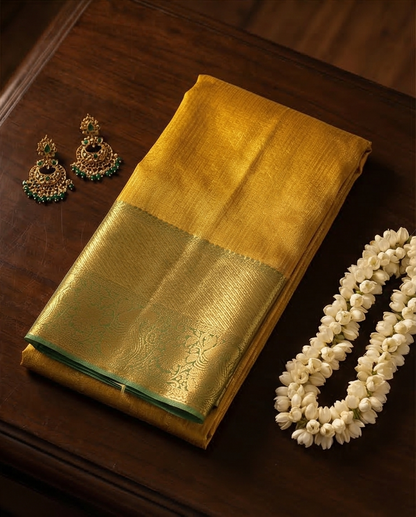 Mustard Yellow Semi Kanjivaram Silk Saree with Gold Zari Border