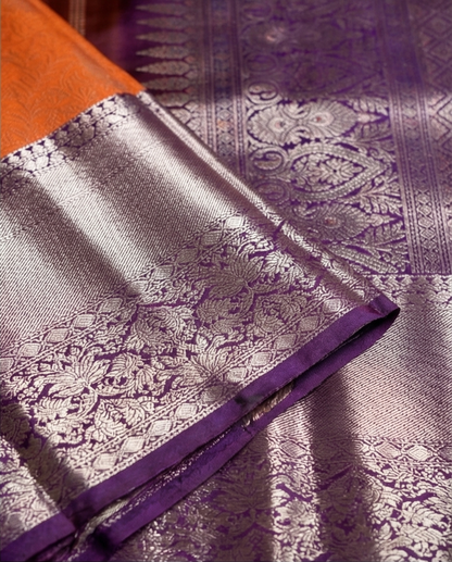 Orange Pure Kanchipuram Silk Saree with Silver‑Purple Zari Border & Intricate Floral Weave - SR-MSP31