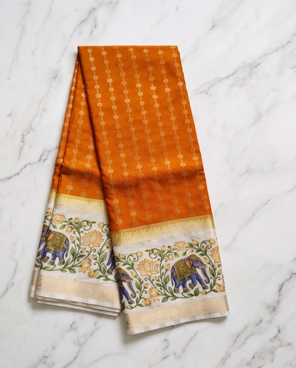 Premium Crepe silk with kalamkari border design-Mustard yellow(SR-MSP33)