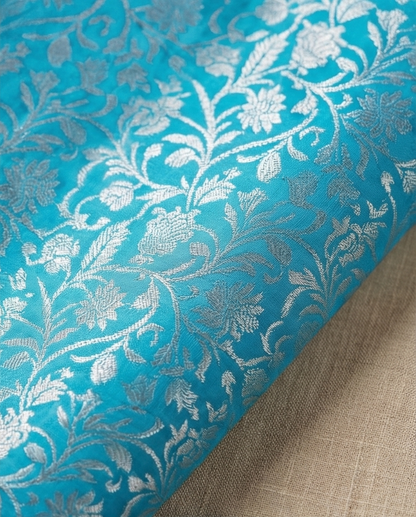 Blue Pure Kanchipuram Silk Saree with Silver Floral Brocade & Deep Purple Zari Border - SR-MSP32