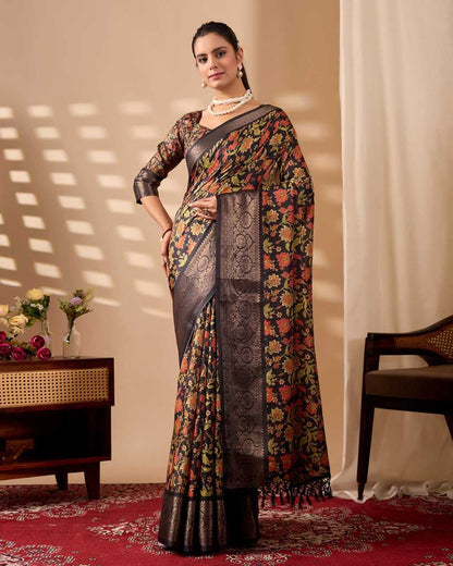 Black Lichi Silk Saree with Multicolour Floral Print & Dark Zari Border - SR-KEP13