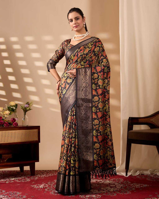 Black Lichi Silk Saree with Multicolour Floral Print & Dark Zari Border - SR-KEP13