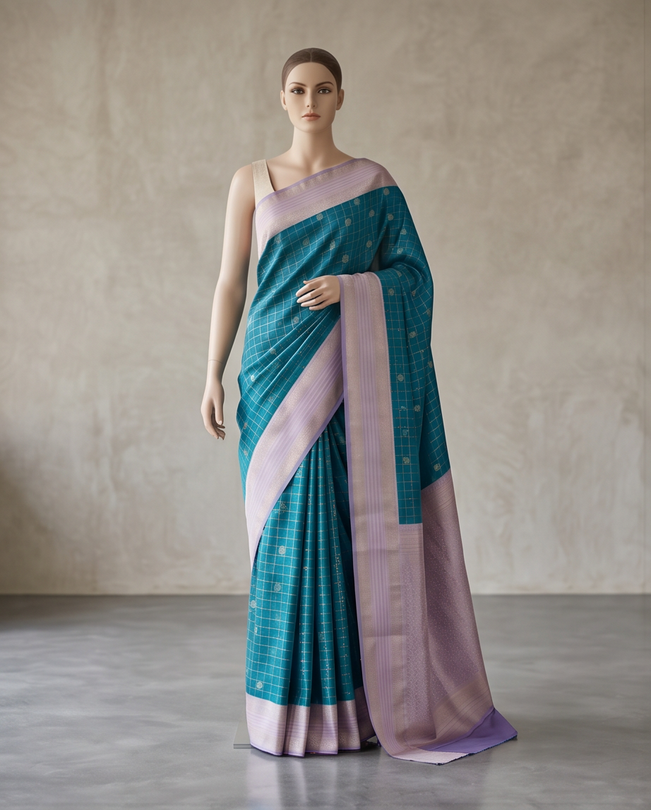 Contemporary Checks, Classic Elegance Sarees-Deep turquoise (SR-PSMP22)