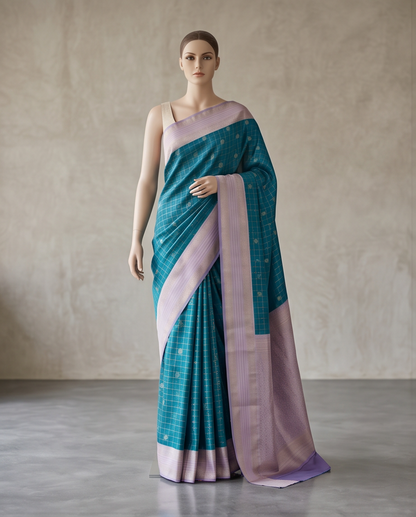 Contemporary Checks, Classic Elegance Sarees-Deep turquoise (SR-PSMP22)