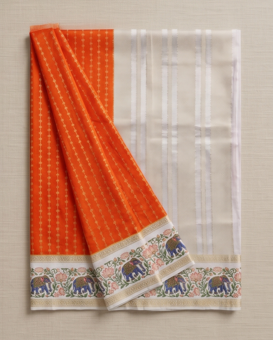 Premium Crepe silk with kalamkari border design-Orange(SR-MSP29)