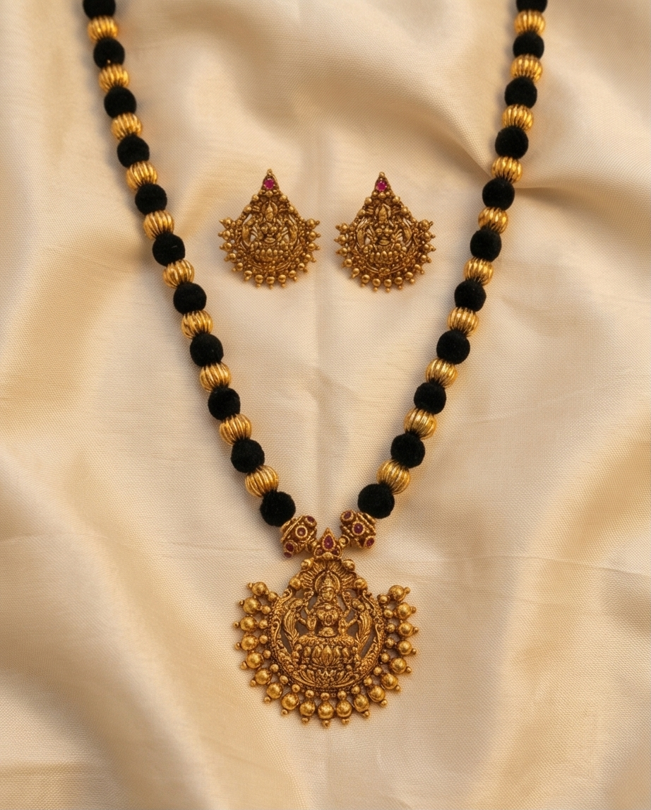 Black and golden beads Lakshmi Antic pendant short Haram with Earrings (NRW1)