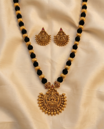 Black and golden beads Lakshmi Antic pendant short Haram with Earrings (NRW1)