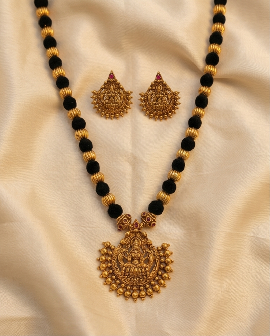 Black and golden beads Lakshmi Antic pendant short Haram with Earrings (NRW1)