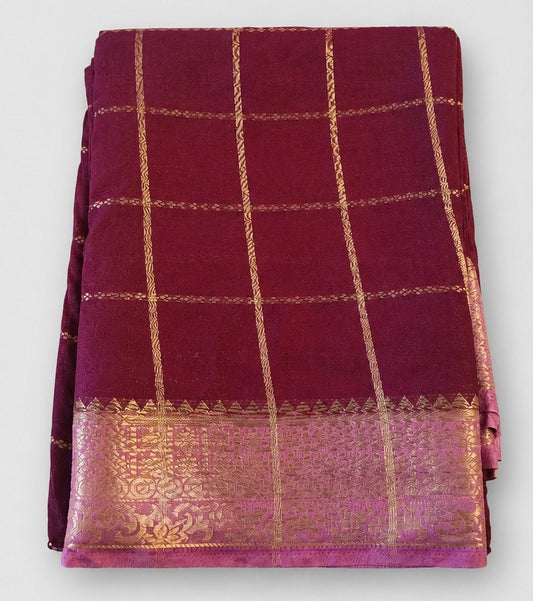 Classic Checkered Silk Saree with Grand Zari Border-maroon with dusty rose (SR-PSMP34)