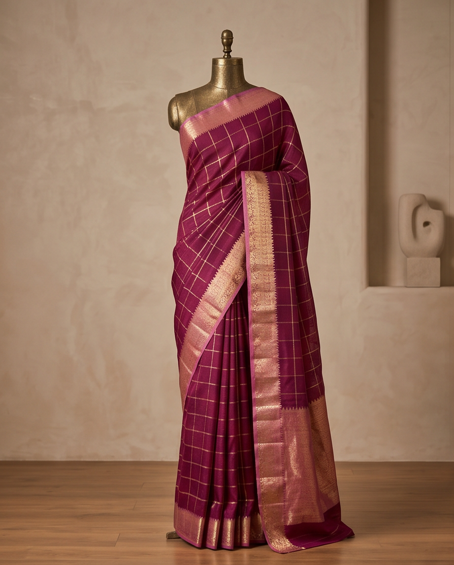 Classic Checkered Silk Saree with Grand Zari Border-maroon with dusty rose (SR-PSMP34)