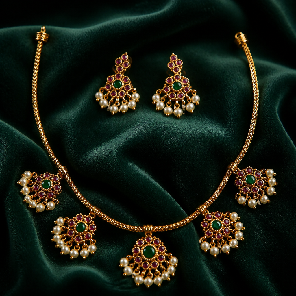 Fancy Pink and green stone necklace with earrings (NRW-66)