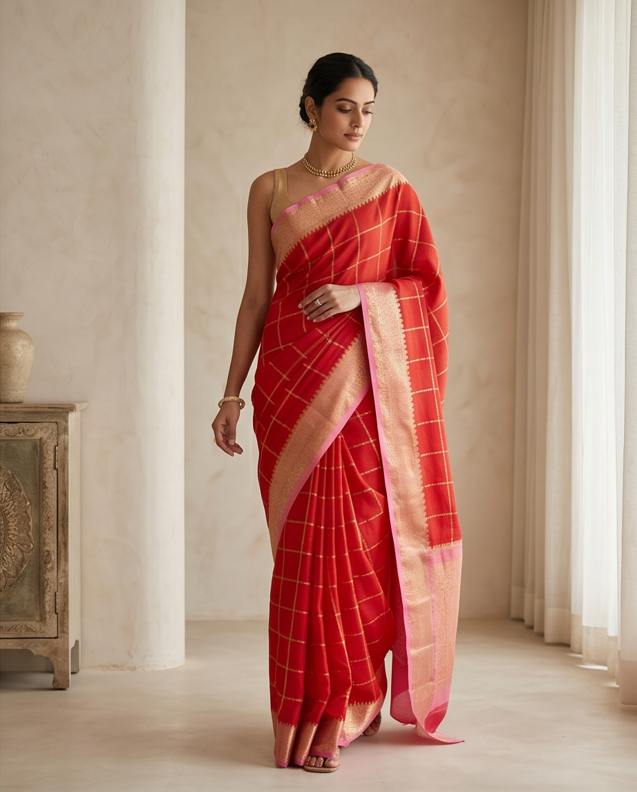 Classic Checkered Silk Saree with Grand Zari Border-Red with Pink (SR-PSMP33)