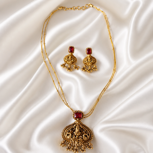 Lakshmi Pendant with double layered chain with Earrings - Red (NRW-63)