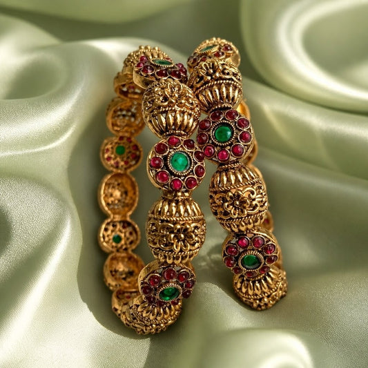 Pushparaga Red with Green stone Heritage Bangles - NRW-122
