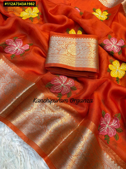 Organza Silk Saree with Multicolour Floral Embroidery & Gold Zari Border - SR-DFP3-Orange