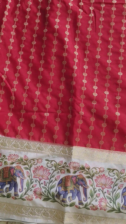 Premium Crepe silk with kalamkari border design-Red(SR-MSP34)
