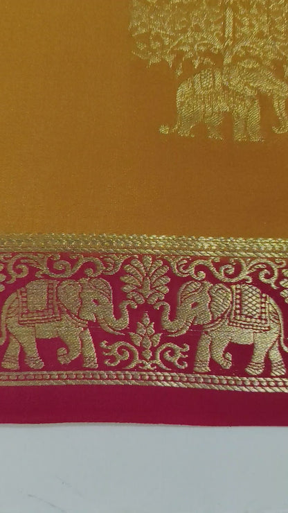Pure Mysore Silk Saree with traditional elephant and floral designs(120gsm) - SR-PSMP4-Golden Yellow & Red