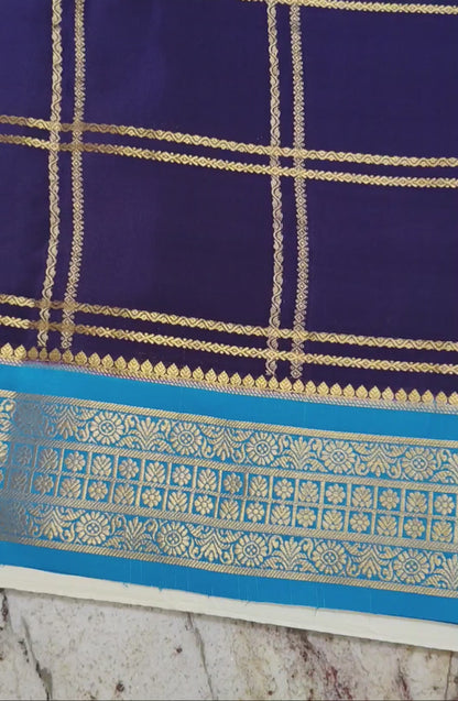 Pure Mysore Silk Saree (120 GSM) - SR-PSMP1-Dark blue with sky blue
