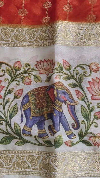 Premium Crepe silk with kalamkari border design-Orange(SR-MSP29)