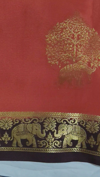 Pure Mysore Silk Saree with traditional elephant and floral designs(120gsm) - SR-PSMP4-Rust Orange & Gold